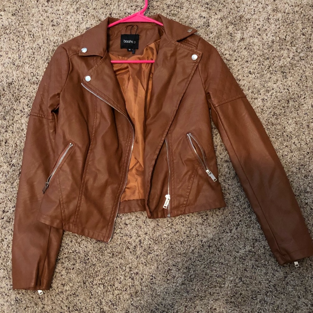 Camel boohoo faux leather jacket